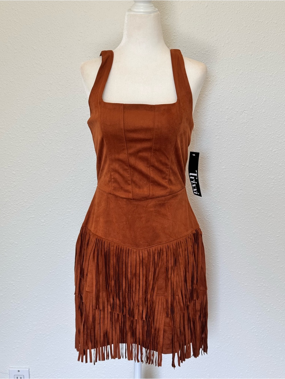 Fringe Suede Mini Dress in Rust